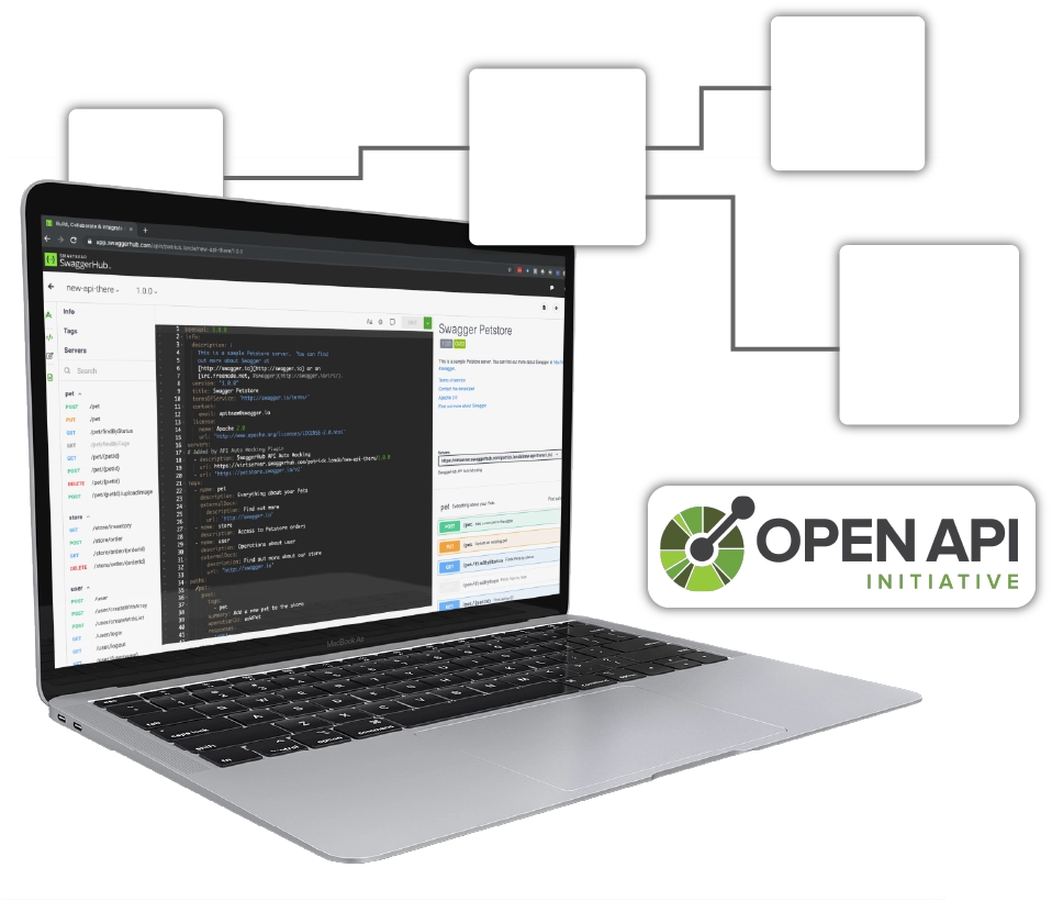 Illustration of a laptop displaying documentation and the Opan API Initiative Logo
