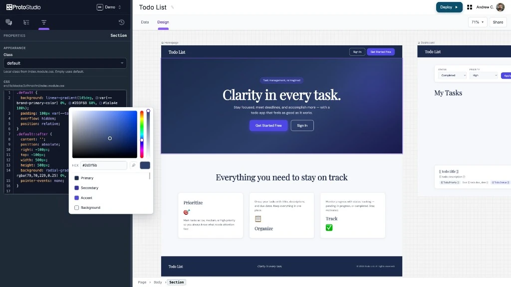 Design canvas editing a todo list homepage